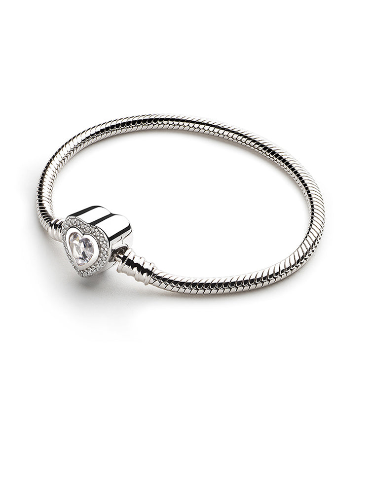 925 sterling silver heart clasp snake chain charm bracelet front view