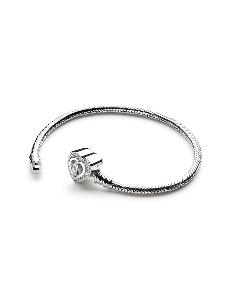 Sterling silver heart clasp snake chain charm bracelet side view
