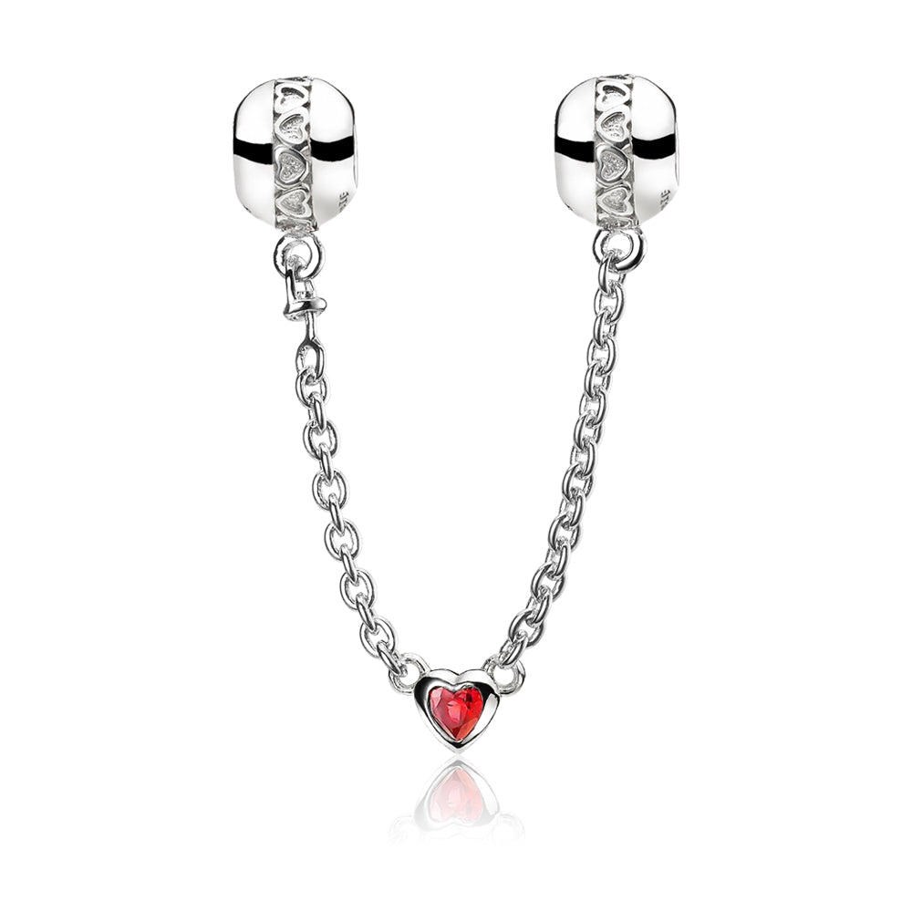 Front view of Heart Guard safety chain in 925 sterling silver with CZ and enamel, secure accessory for charm bracelets