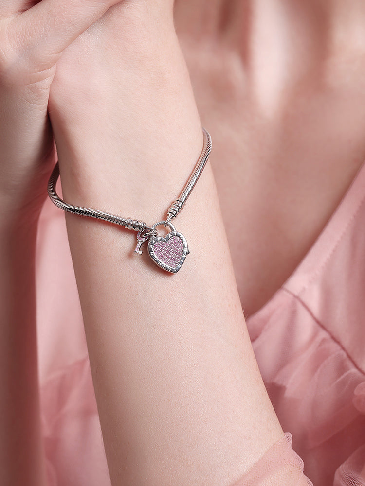 925 sterling silver heart lock charm bracelet worn on wrist