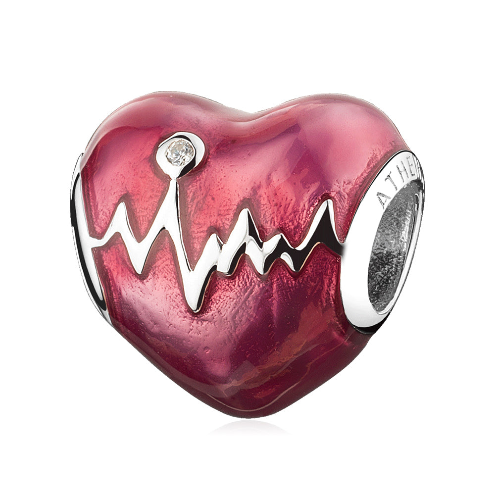 Heartbeat Love enamel charm bead in 925 silver, front view.