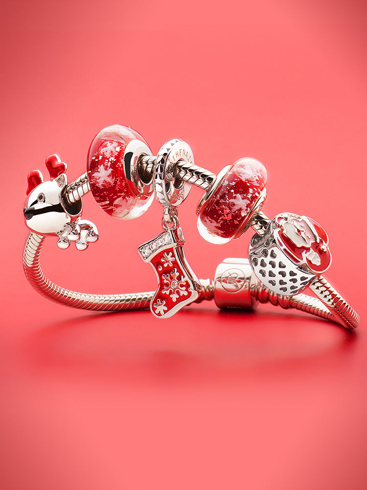 Holiday stocking pendant charm styled on bracelet