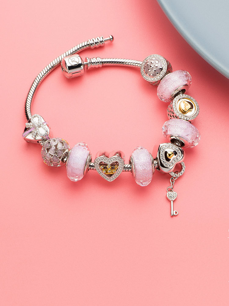 Romantic key CZ pendant charm on charm bracelet