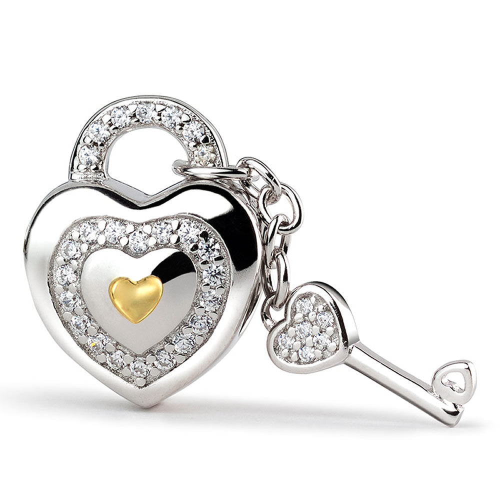 Key to Love CZ pendant charm in 925 silver, front view.