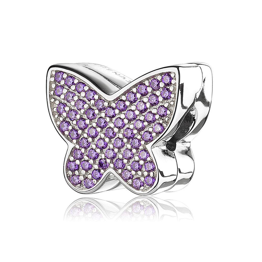 Front view of Lavender Bloom butterfly clip charm in 925 sterling silver with CZ, secure clasp for charm bracelets