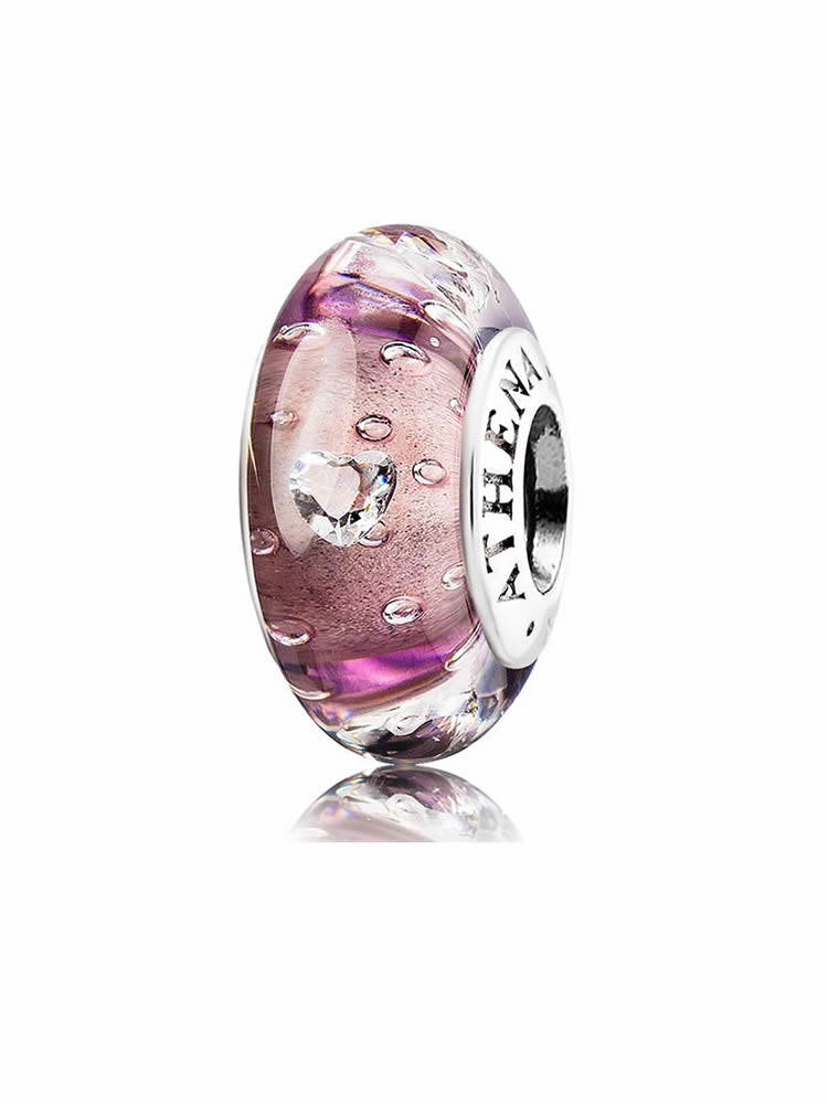 Lavender heart Murano glass bead with a 925 silver core, front view