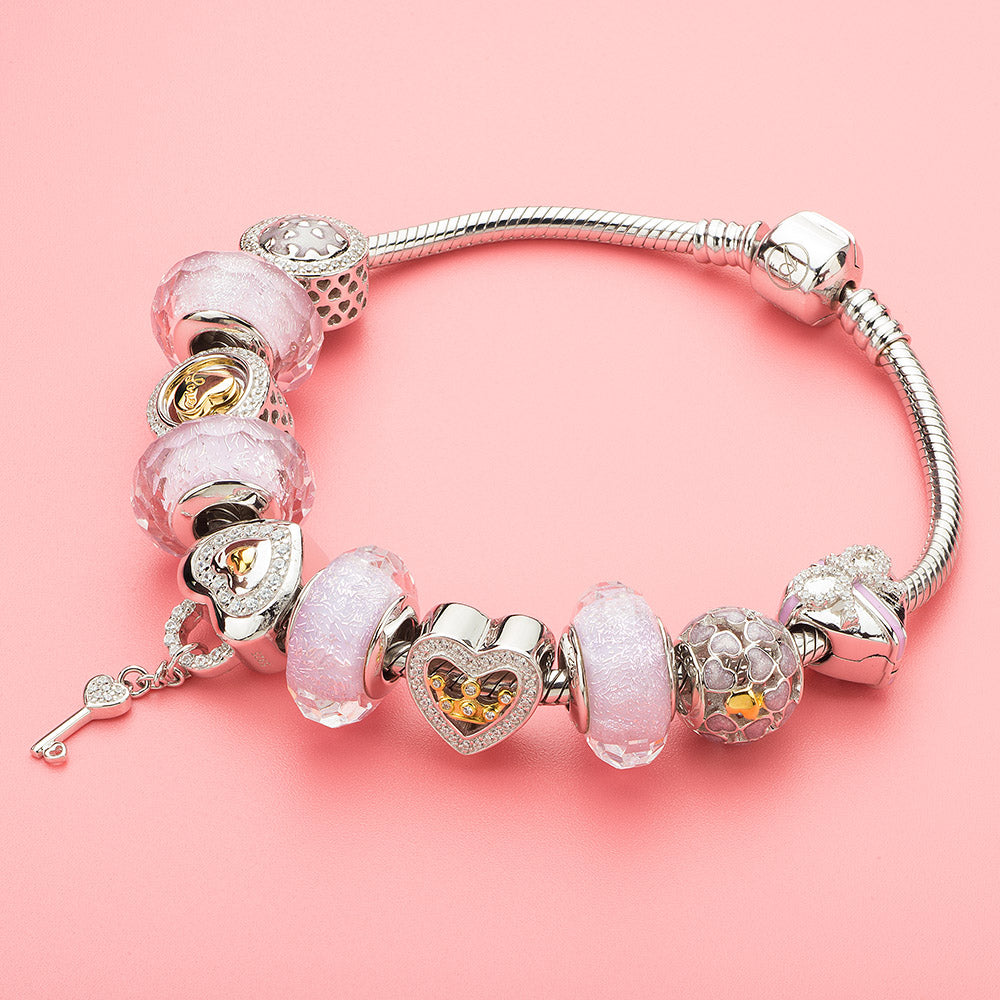925 silver bracelet featuring Lavender Mist faceted Murano glass charm in a coordinated pastel theme