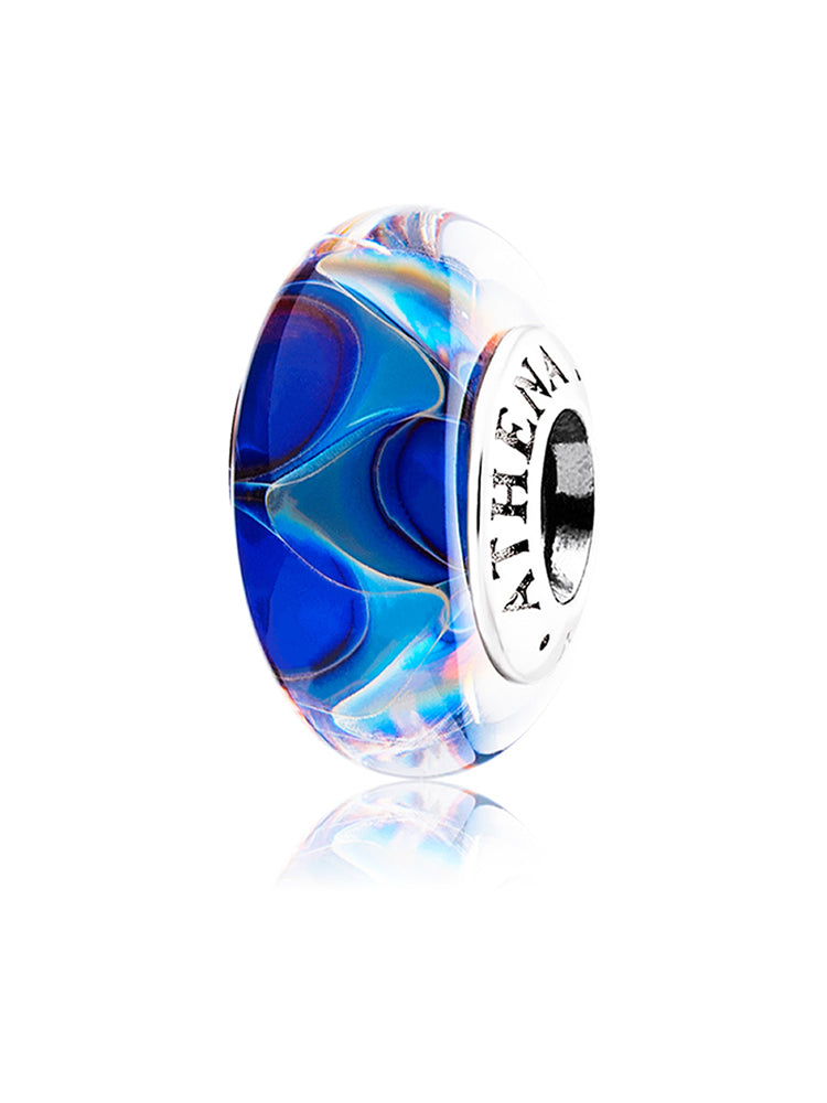 Layered blue ocean Murano glass bead with a 925 silver core, front view