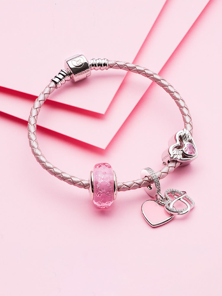 Braided leather charm bracelet with multiple charm beads styling