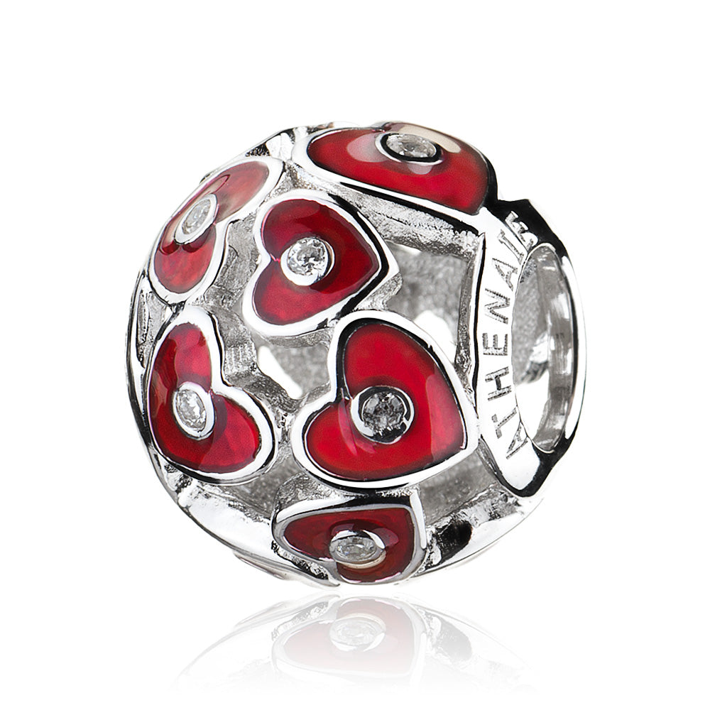 Linked Hearts charm bead in 925 silver with enamel and CZ, front view by ATHENAIE