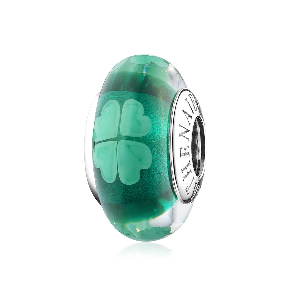 Lucky Clover Murano glass charm bead with 925 silver core, front view.