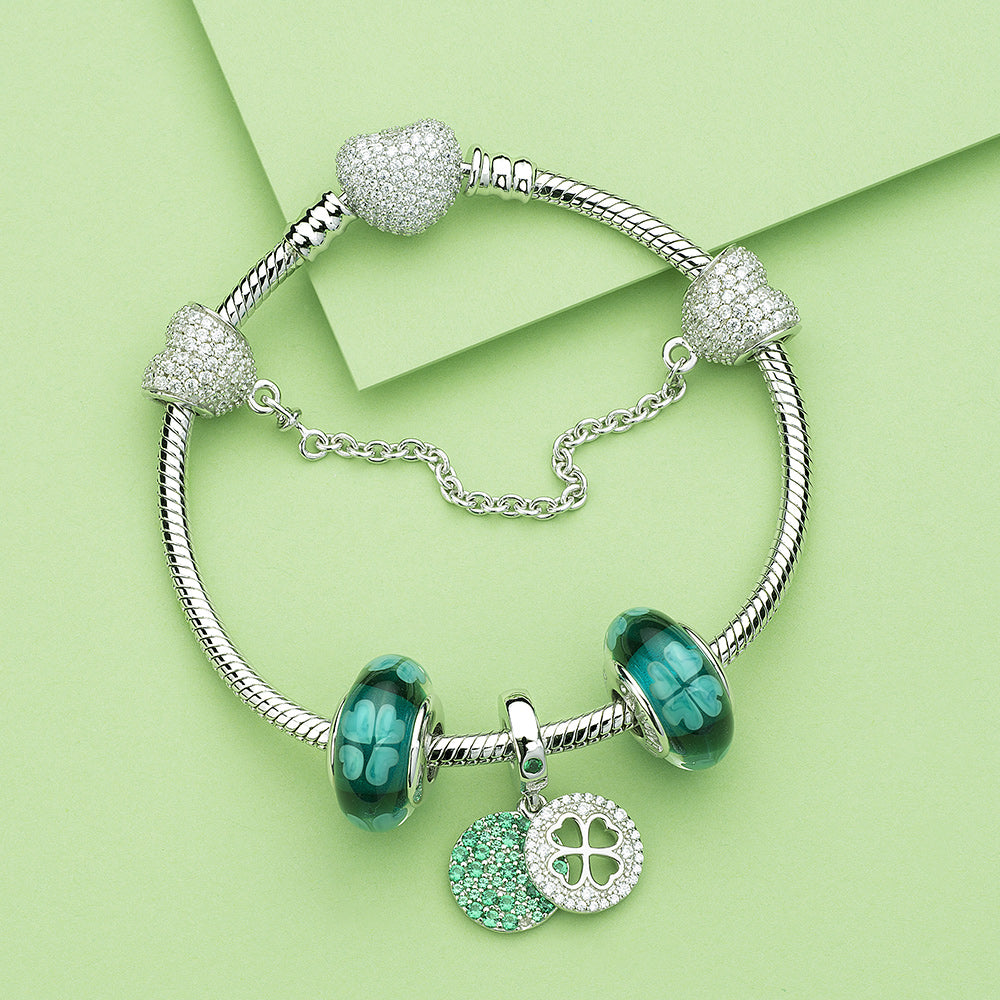 Lucky Clover Murano glass charm bead styled with European bracelet.