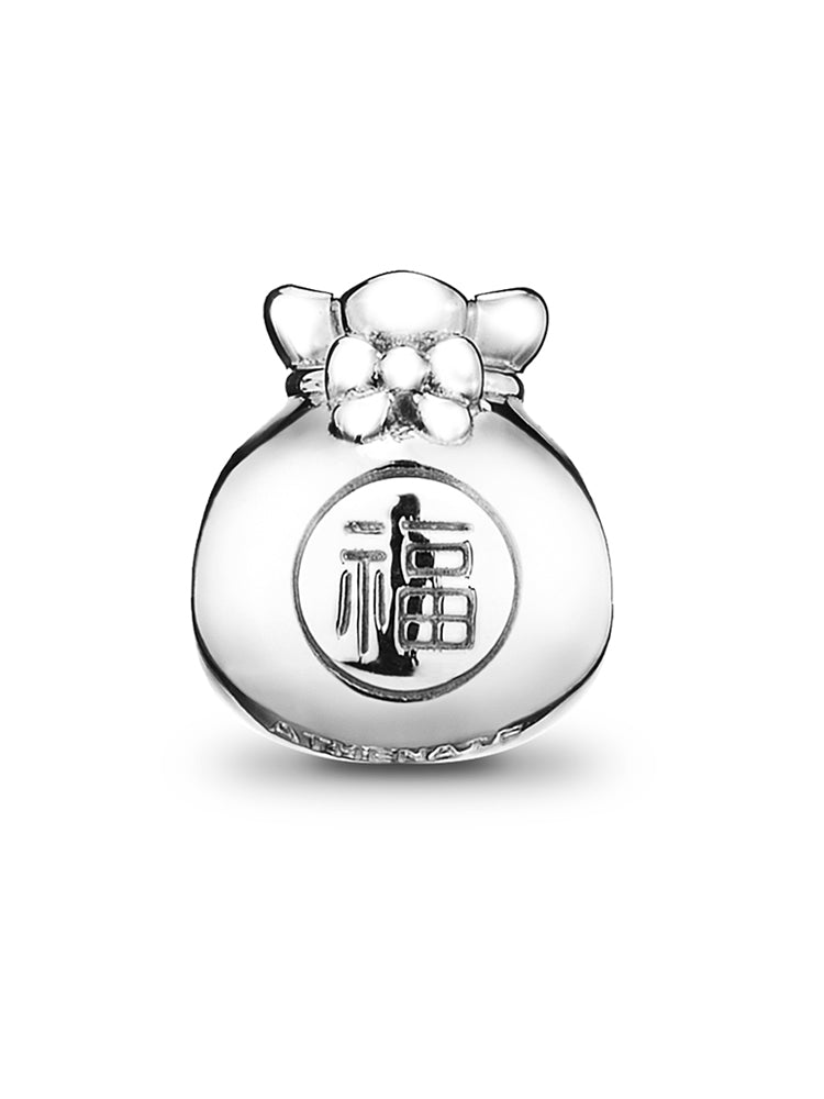 Lucky fortune bag sterling silver charm bead front view