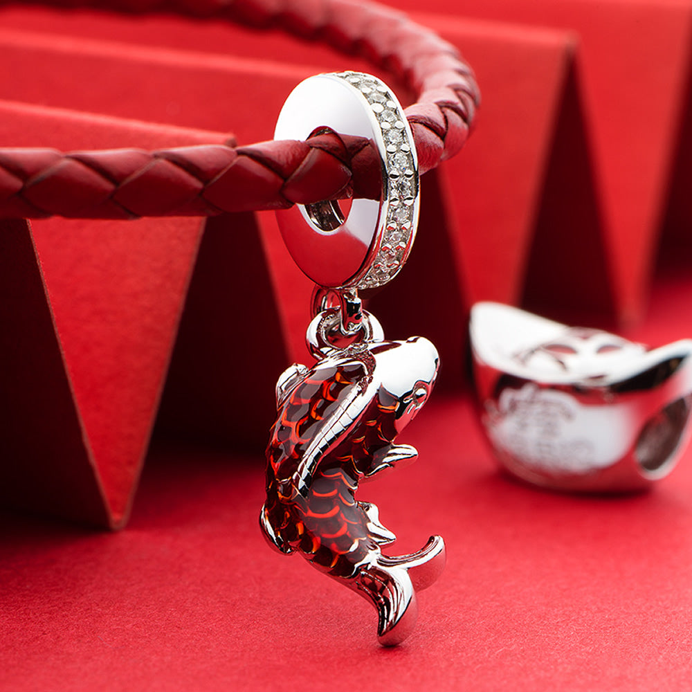 Lucky Koi 925 silver charm pendant with enamel details in close-up scene.