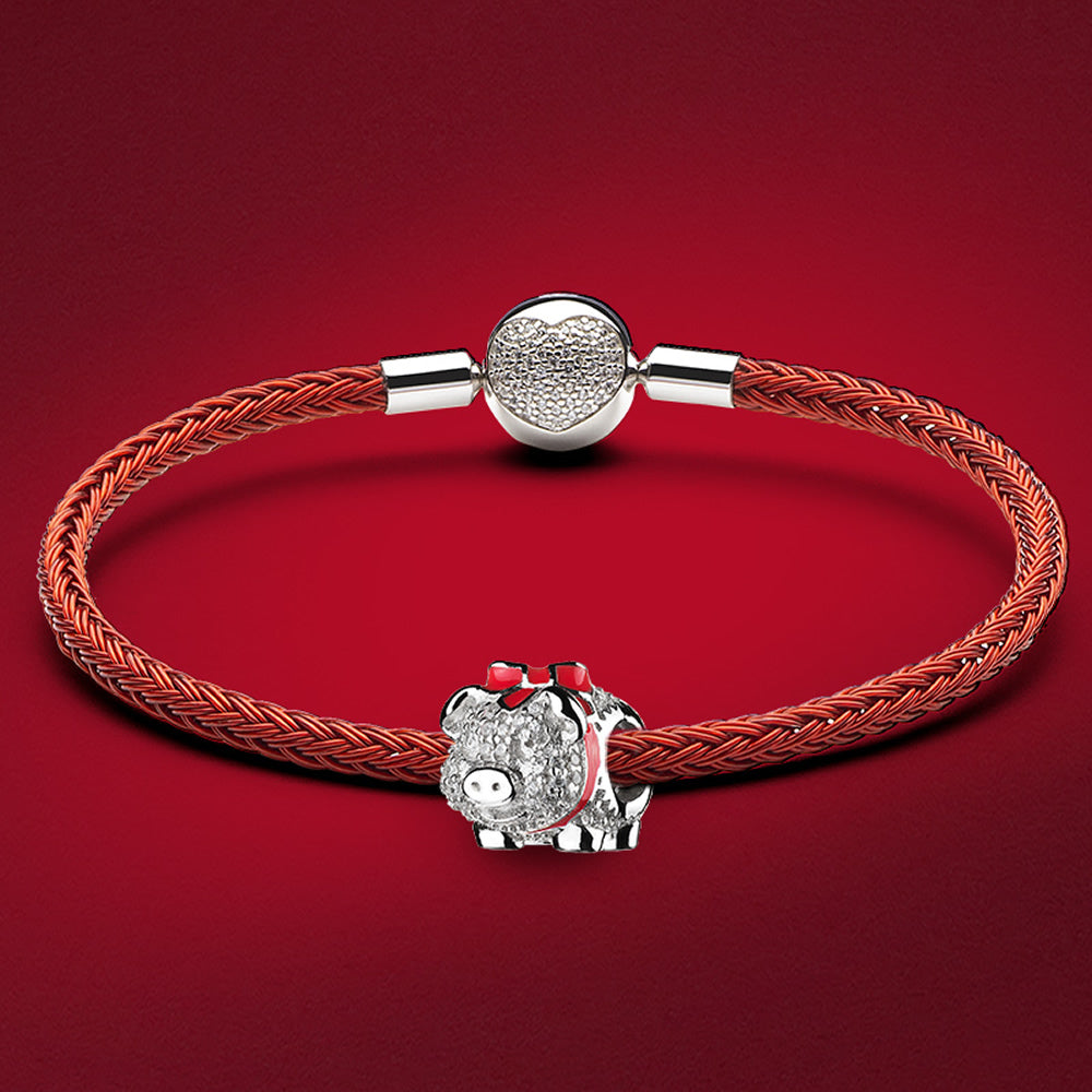 Lucky Piggy charm bead styled with silver and CZ beads on charm bracelet, playful and elegant design