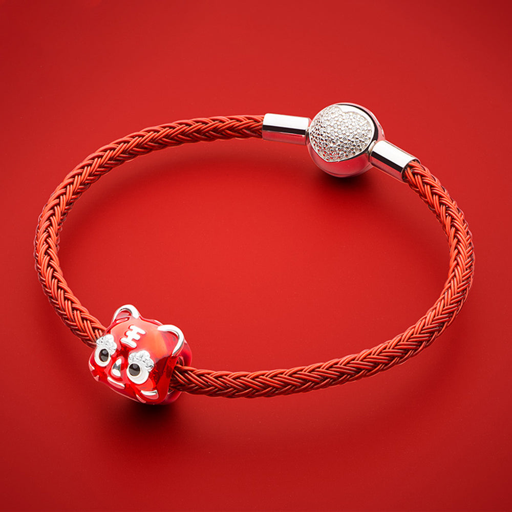 Lucky Tiger charm bead paired with red enamel charms and silver bracelet for Chinese New Year
