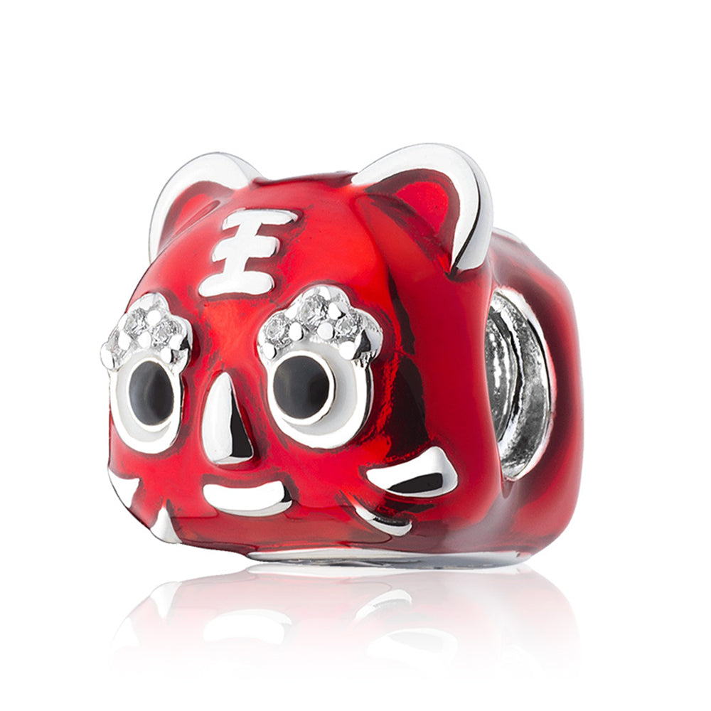 Front view of Lucky Tiger charm bead in 925 sterling silver with CZ and enamel, Chinese-inspired design