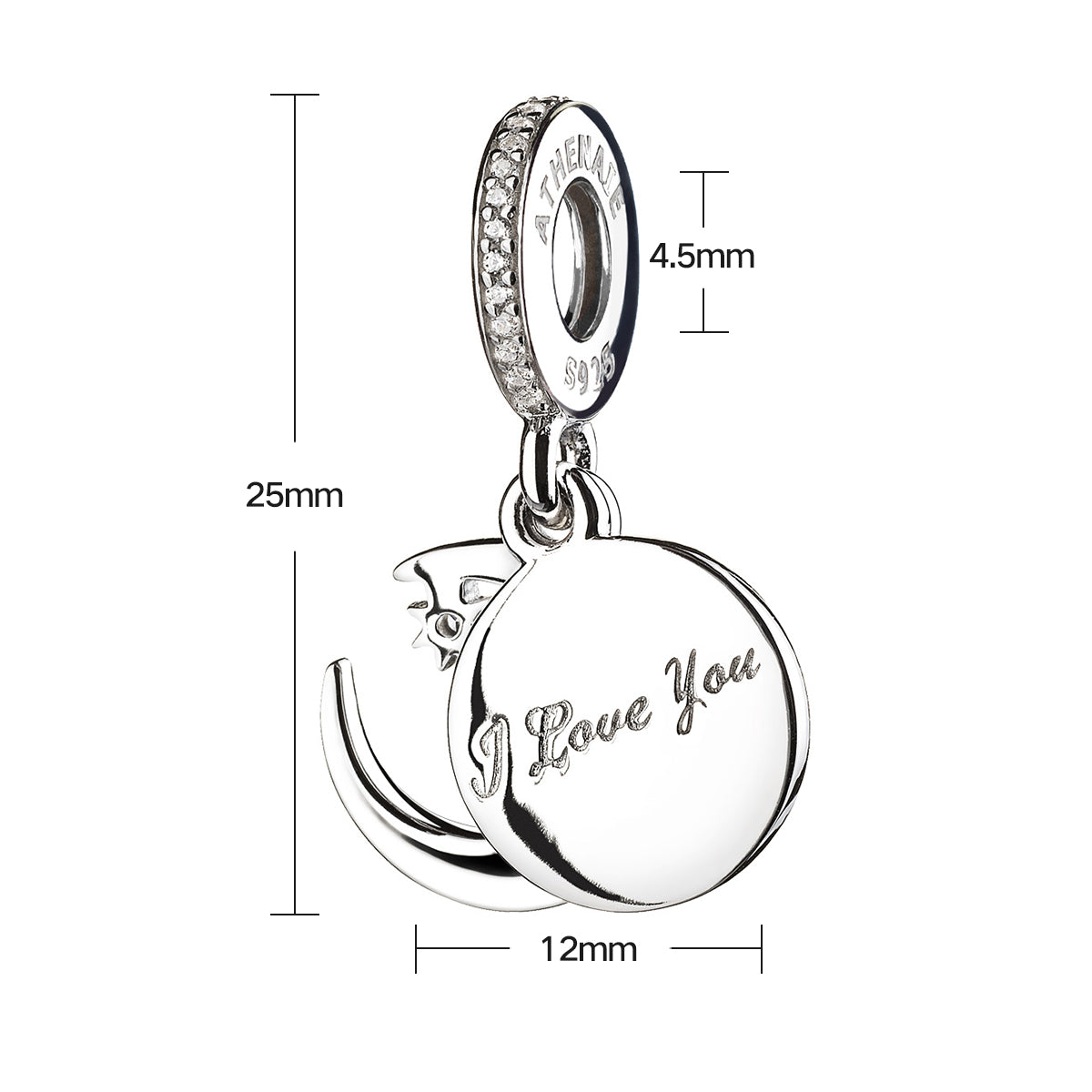 Midnight Moon pendant charm showing size and detailed dimensions – 925 silver and blue enamel