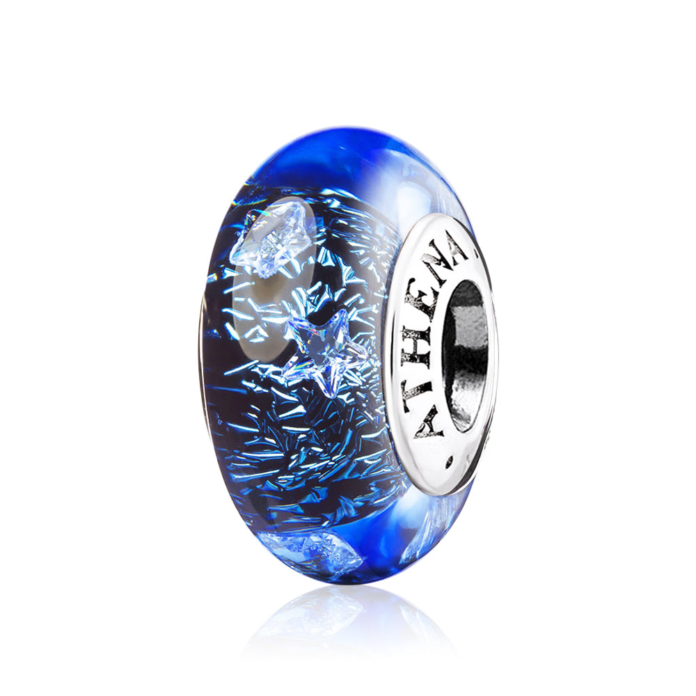 Midnight Star Murano glass charm with 925 silver core – front product view showing dark blue starlight design
