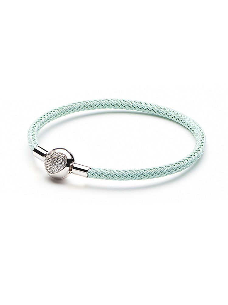 Mint green braided charm bracelet with sterling silver heart clasp front view
