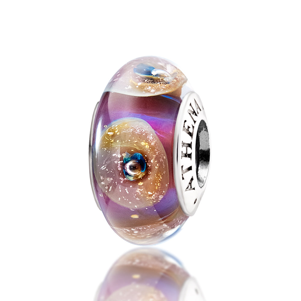 Cosmic Bloom Murano glass charm bead front view, 925 silver core