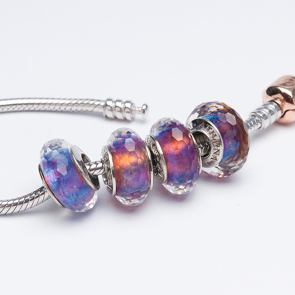 Purple Murano charm Twilight Prism Mist styled with silver bracelet