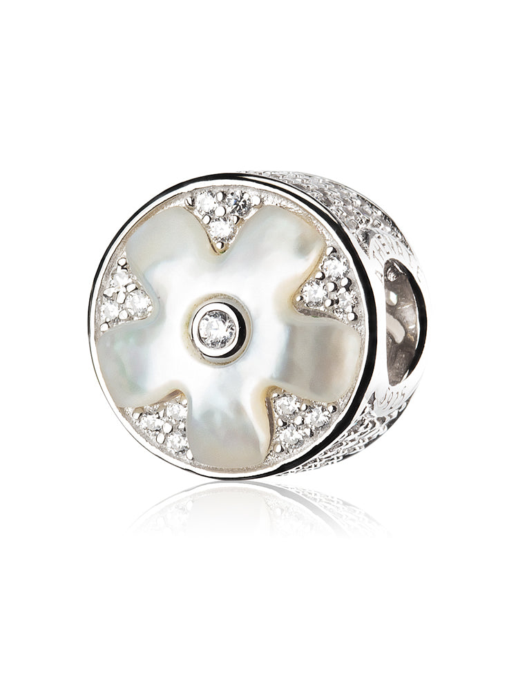Moonlit flower charm bead in 925 sterling silver with shell and CZ by ATHENAIE