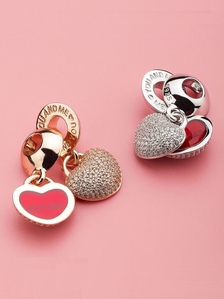 Mother daughter heart sterling silver charm on bracelet