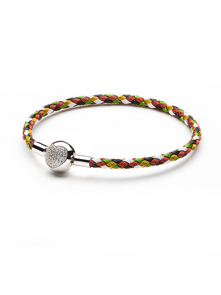 Multicolor braided charm bracelet with sterling silver heart clasp front view