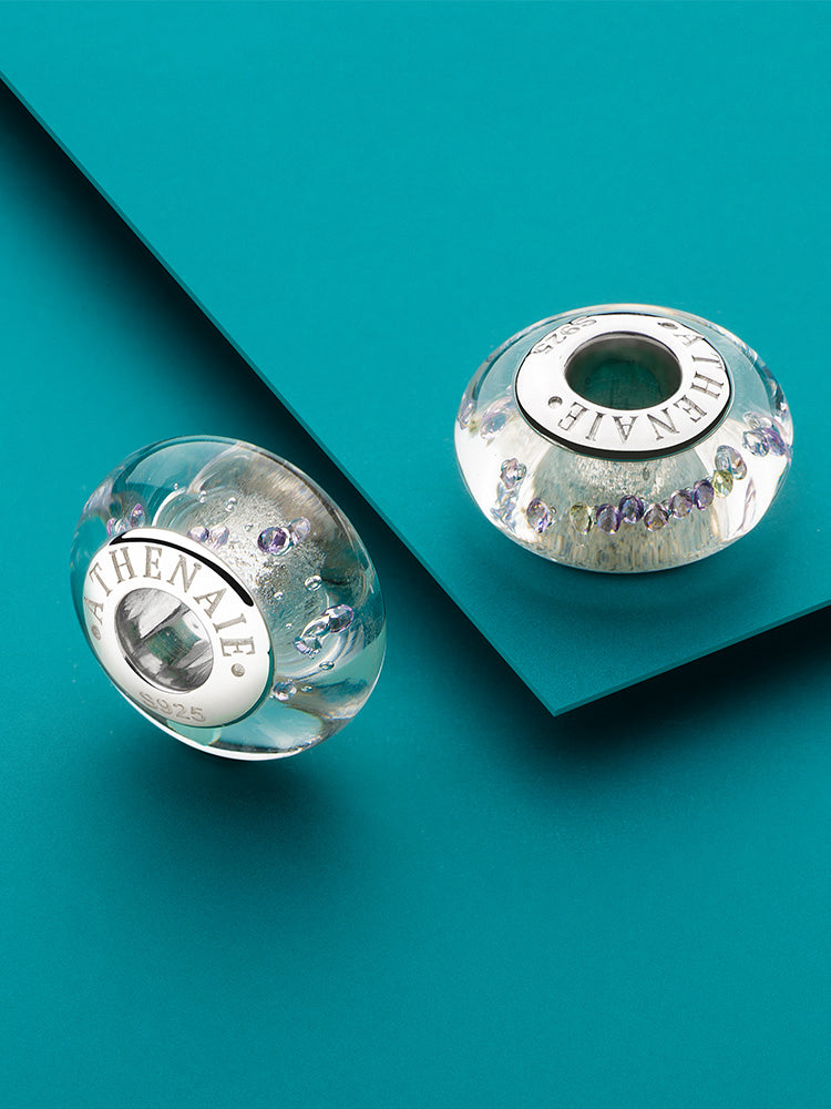 Crystal Aurora Murano glass charm bead styled on European charm bracelet