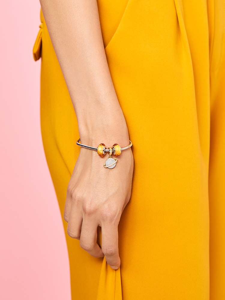 Murano glass charm bead bracelet worn by model