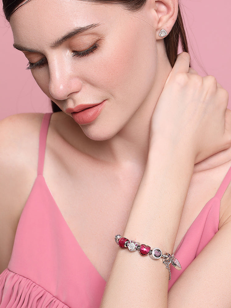 Crimson Murano glass charm bracelet worn by model