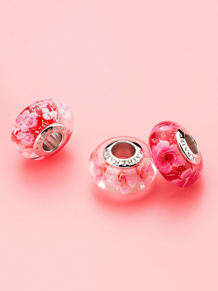 Pink blossom Murano glass charm bead with silver bracelet