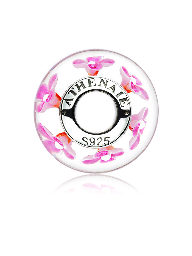 Side view of pink blossom Murano glass charm bead