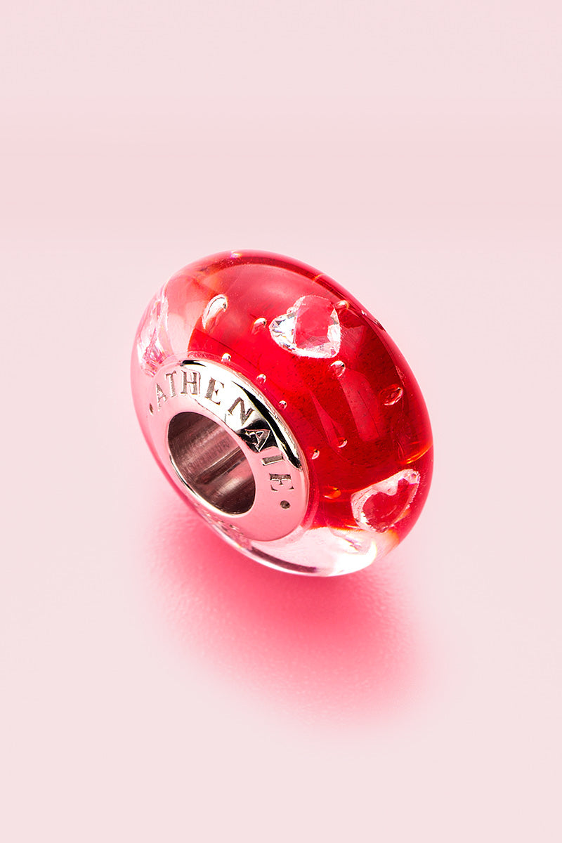Red heart murano glass charm bead detail with silver core