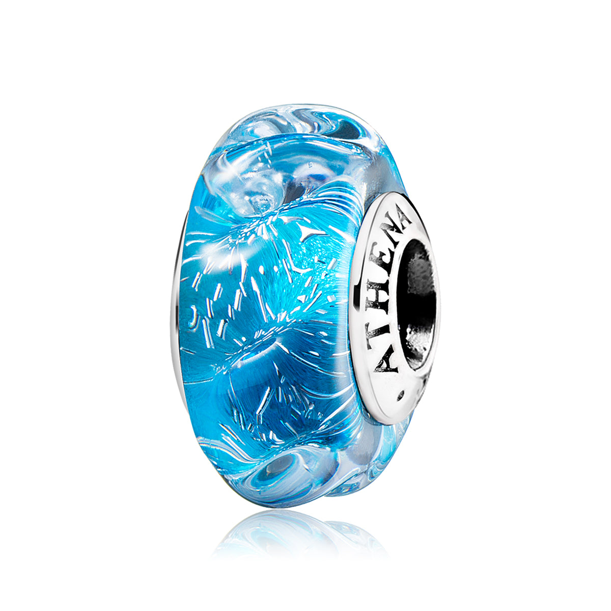 Ocean Breath Murano glass charm with 925 silver core, front view on white background