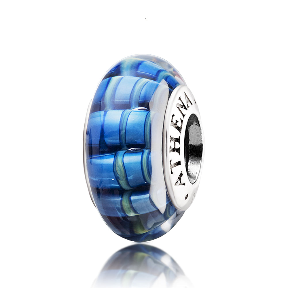 Ocean Rhythm Murano glass charm bead front view, 925 sterling silver core