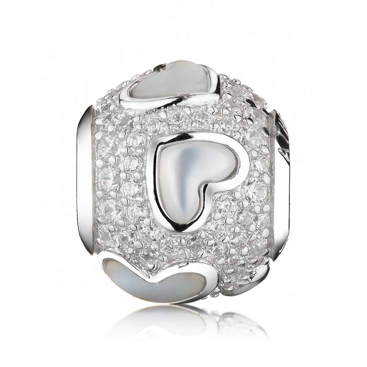Mother’s Heart 925 silver charm bead front view with mother of pearl and CZ