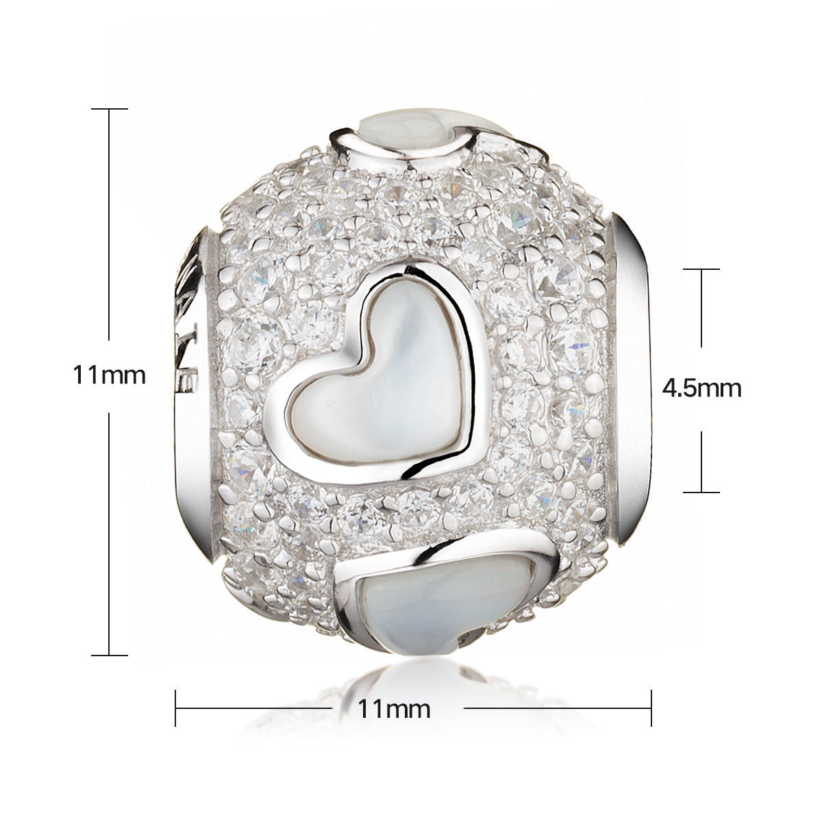 Size display of 925 silver heart charm with CZ and mother of pearl inlay