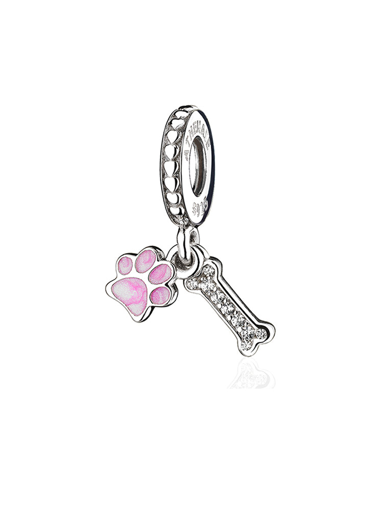 Paw and bone dangle charm in 925 sterling silver with dog paw design