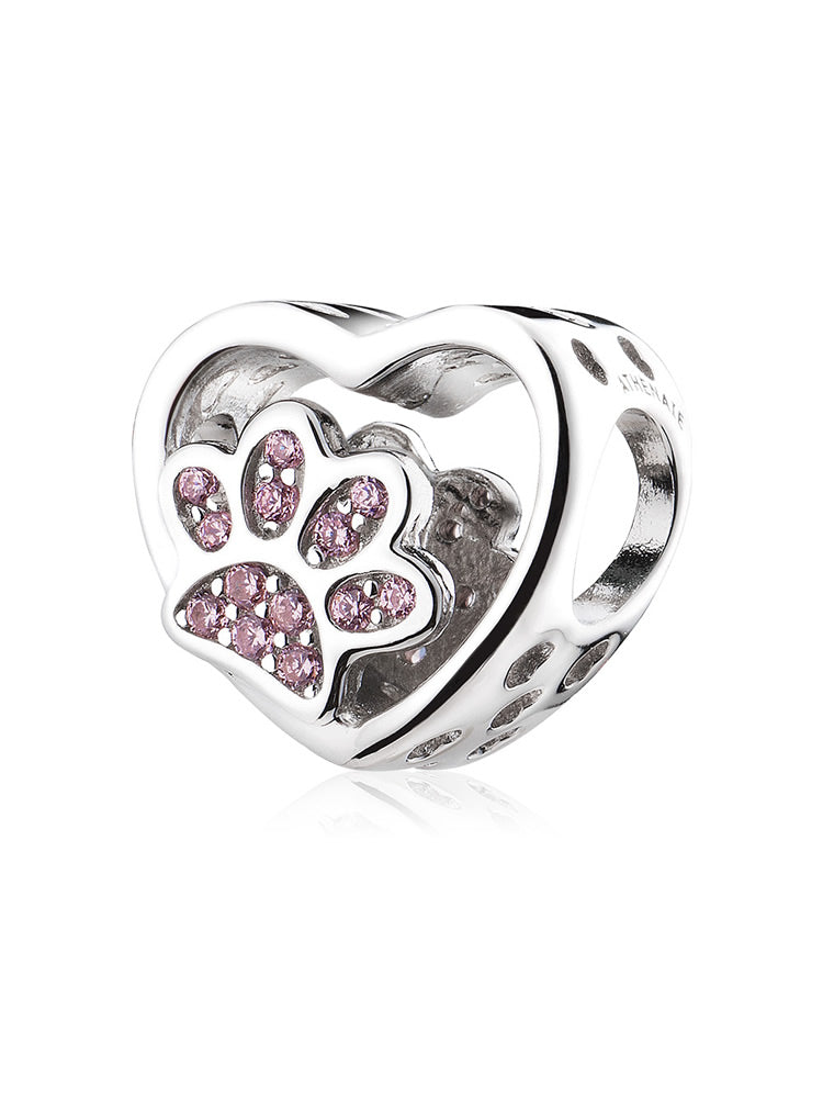 Paw in My Heart charm bead crafted in sterling silver with paw print heart design
