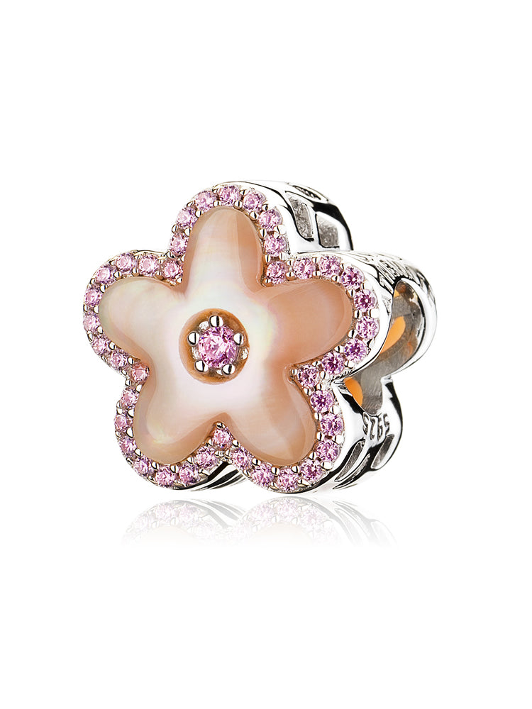 Peach blossom charm in 925 sterling silver with mother-of-pearl, front view
