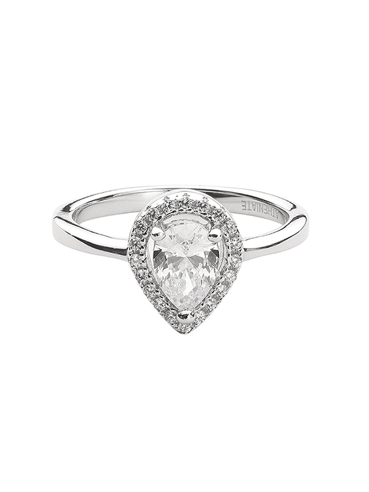 Pear halo engagement ring in sterling silver front view