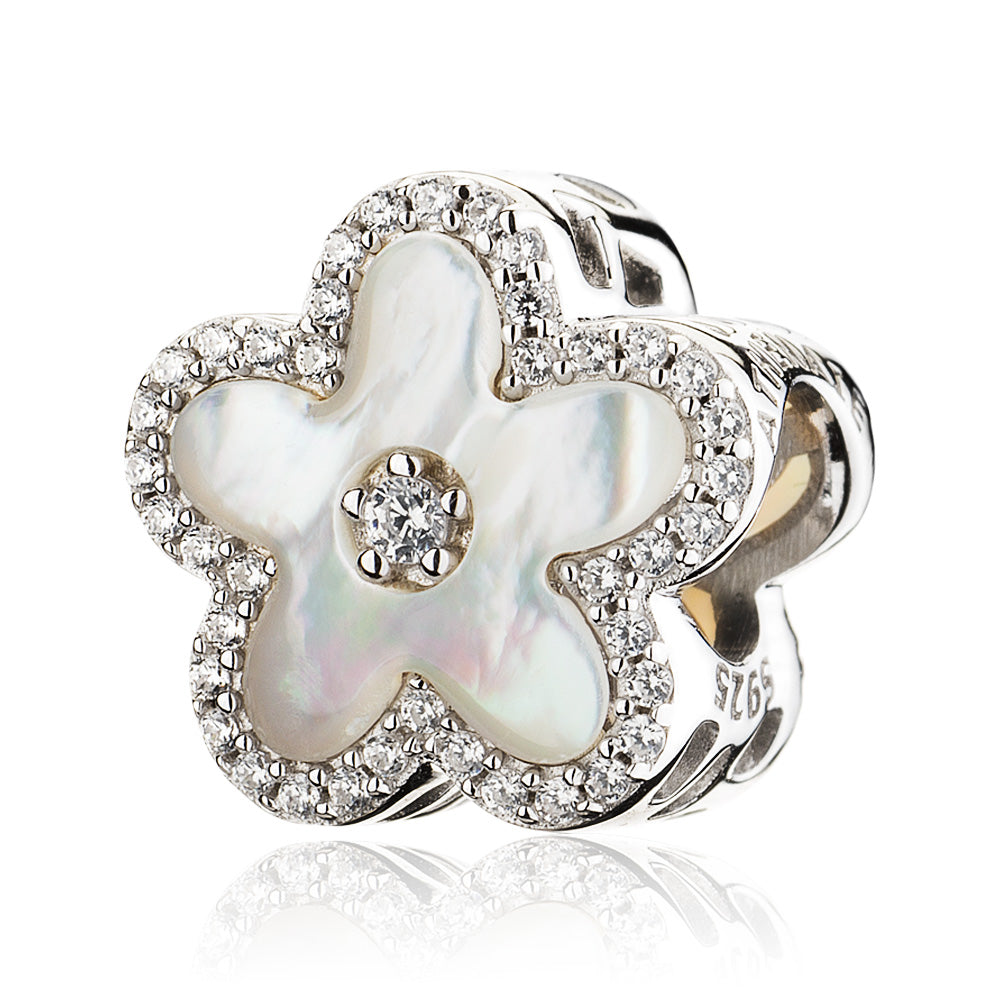 Front view of Pearl Bloom charm bead in 925 sterling silver with CZ and mother-of-pearl, floral design for charm bracelets