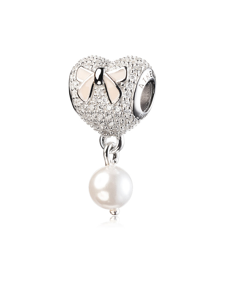 Pearl bow heart charm bead in 925 sterling silver by ATHENAIE