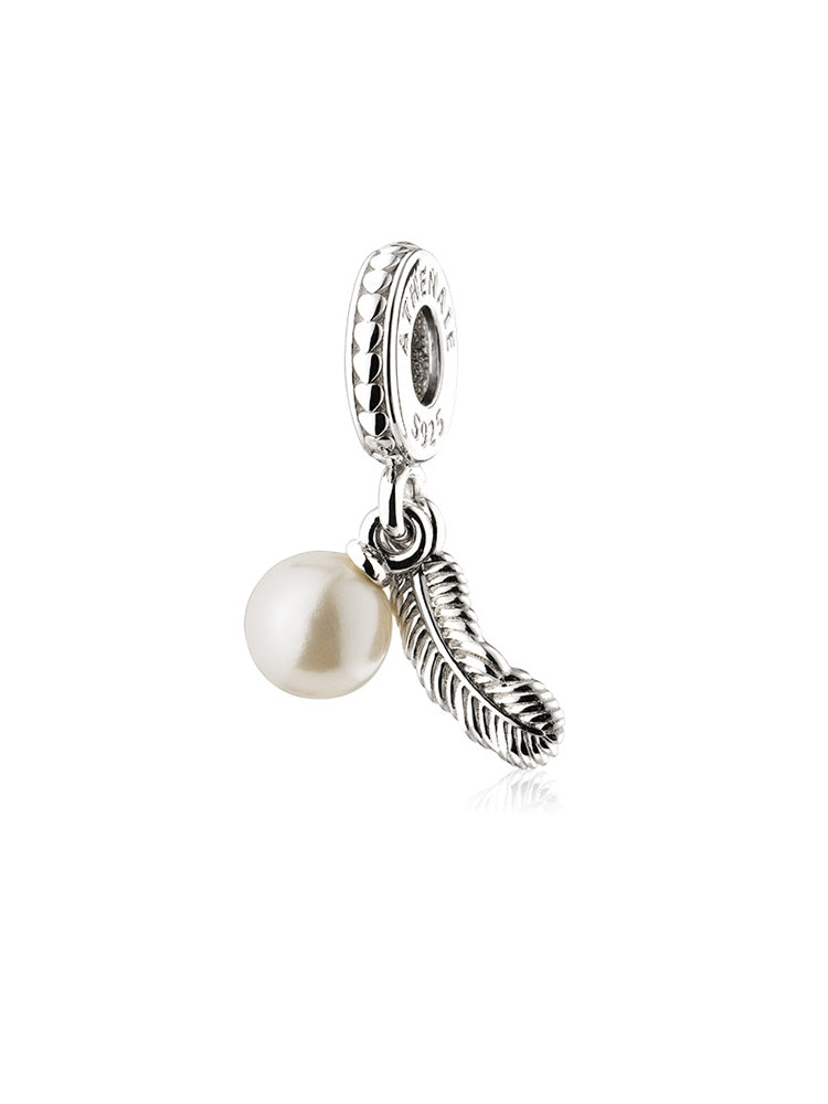 Pearl feather 925 sterling silver dangle charm front view