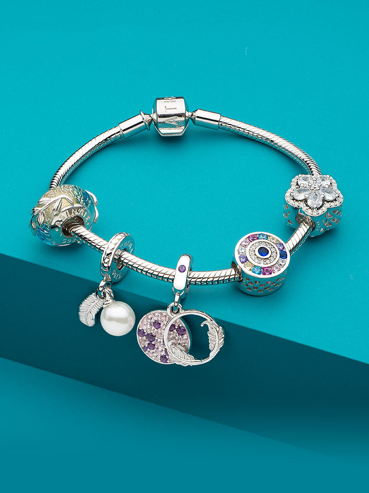 Pearl feather dangle charm bracelet styling