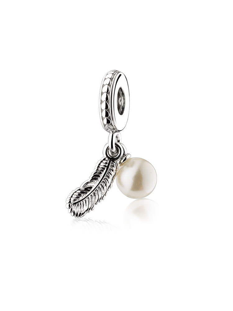 Pearl feather sterling silver dangle charm back view