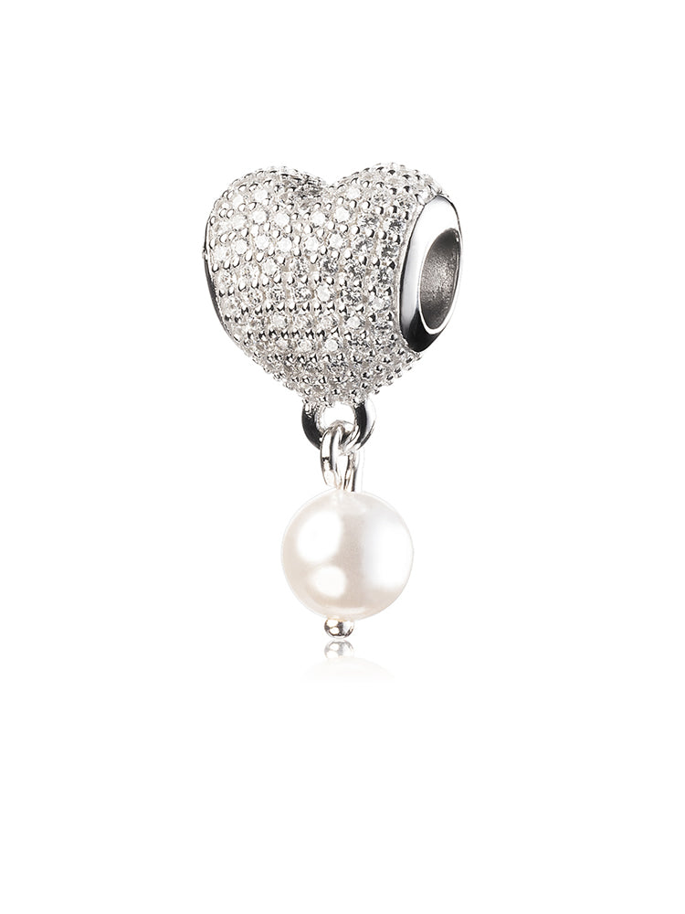 Back view of pearl bow heart charm bead in sterling silver