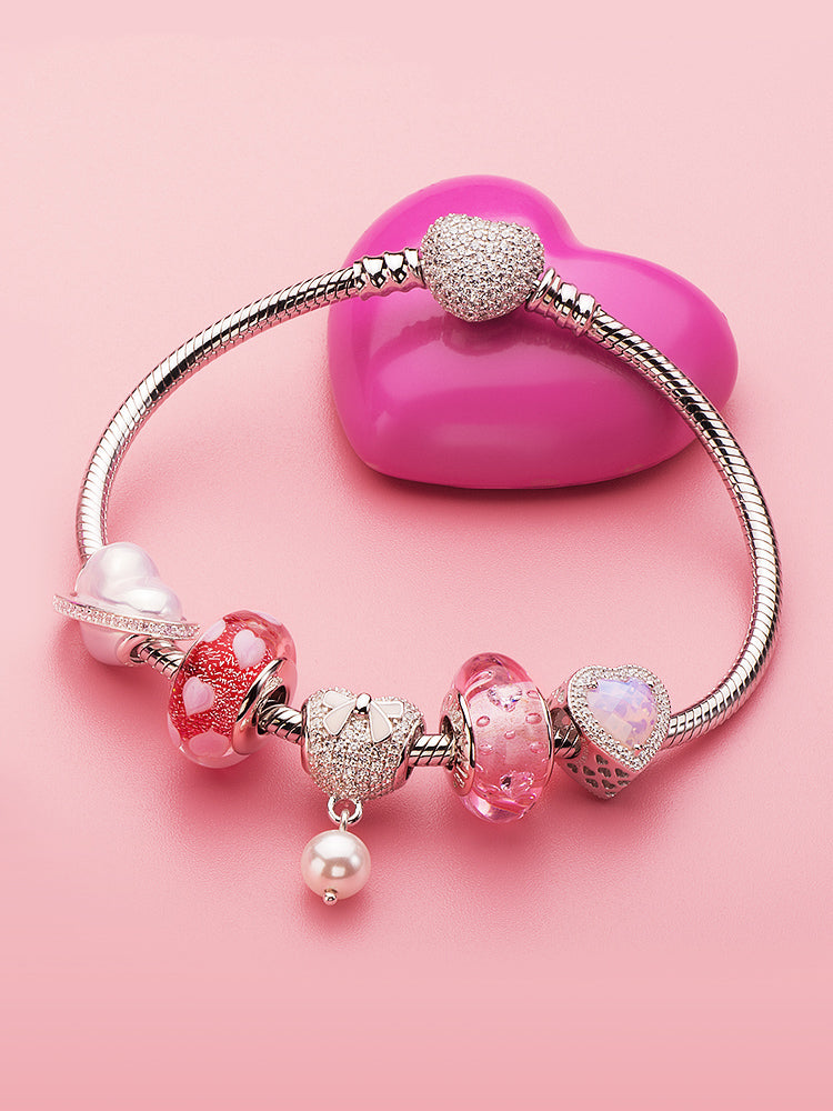 Pearl bow heart charm bead bracelet styling with silver charms